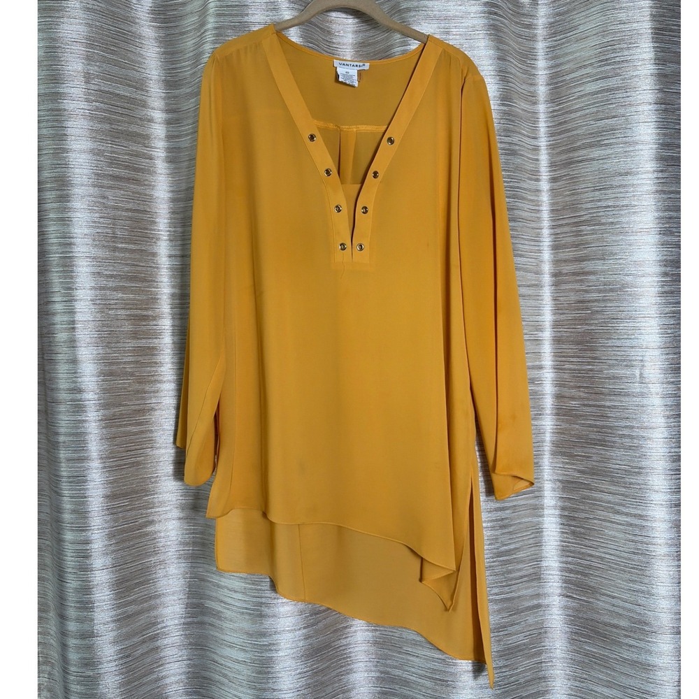 Vantarsi Womens XL Mustard Yellow Grommet V-Neck Asymmetrical High Low Tunic Top